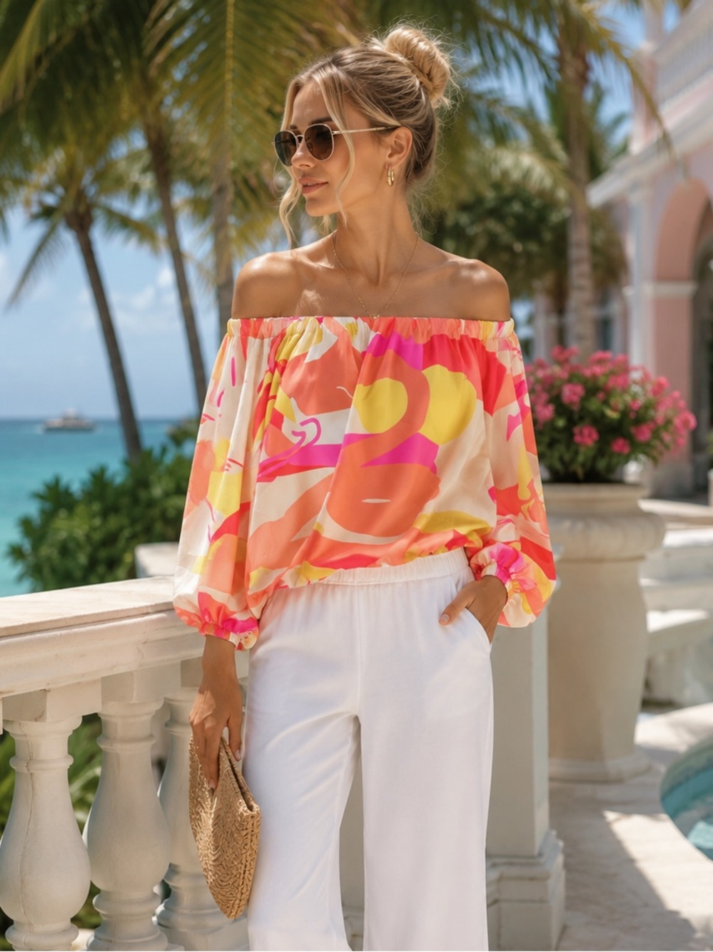 FANCY DREAM Oversized Multicolor Off the Shoulder Resort Blouse, S (Runs Large)